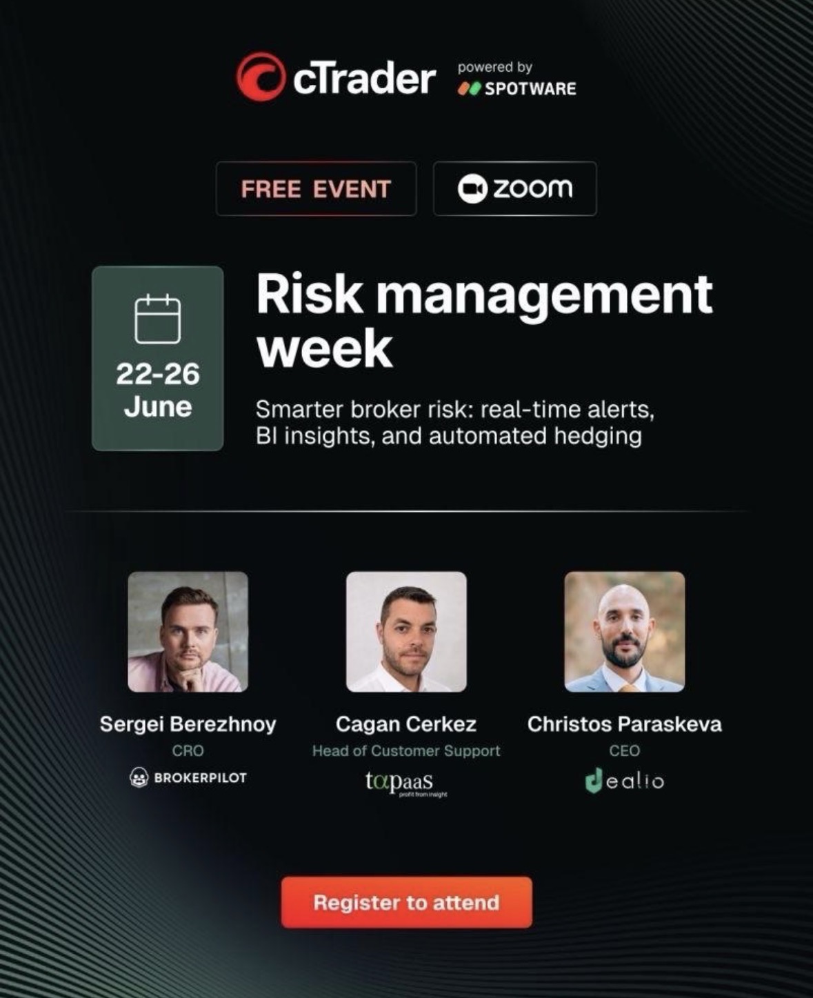 Risk management week banner, 22–26 June, smarter broker risk: real-time alerts, BI insights, and automated hedging
